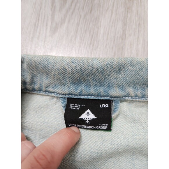 LRG Mens Earth Lessons Rainbow Patch Denim Jacket Light Wash Blue Button Up XL - Picture 5 of 13